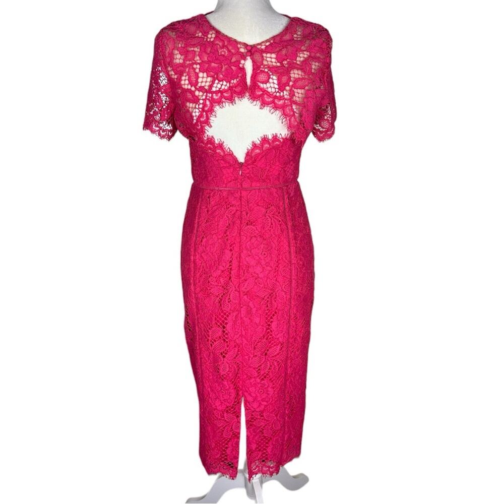 Marchesa Notte Open Back Fuchsia Sheath Cocktail Dress Laddering Detail NWT Sz 6 - Picture 7 of 13